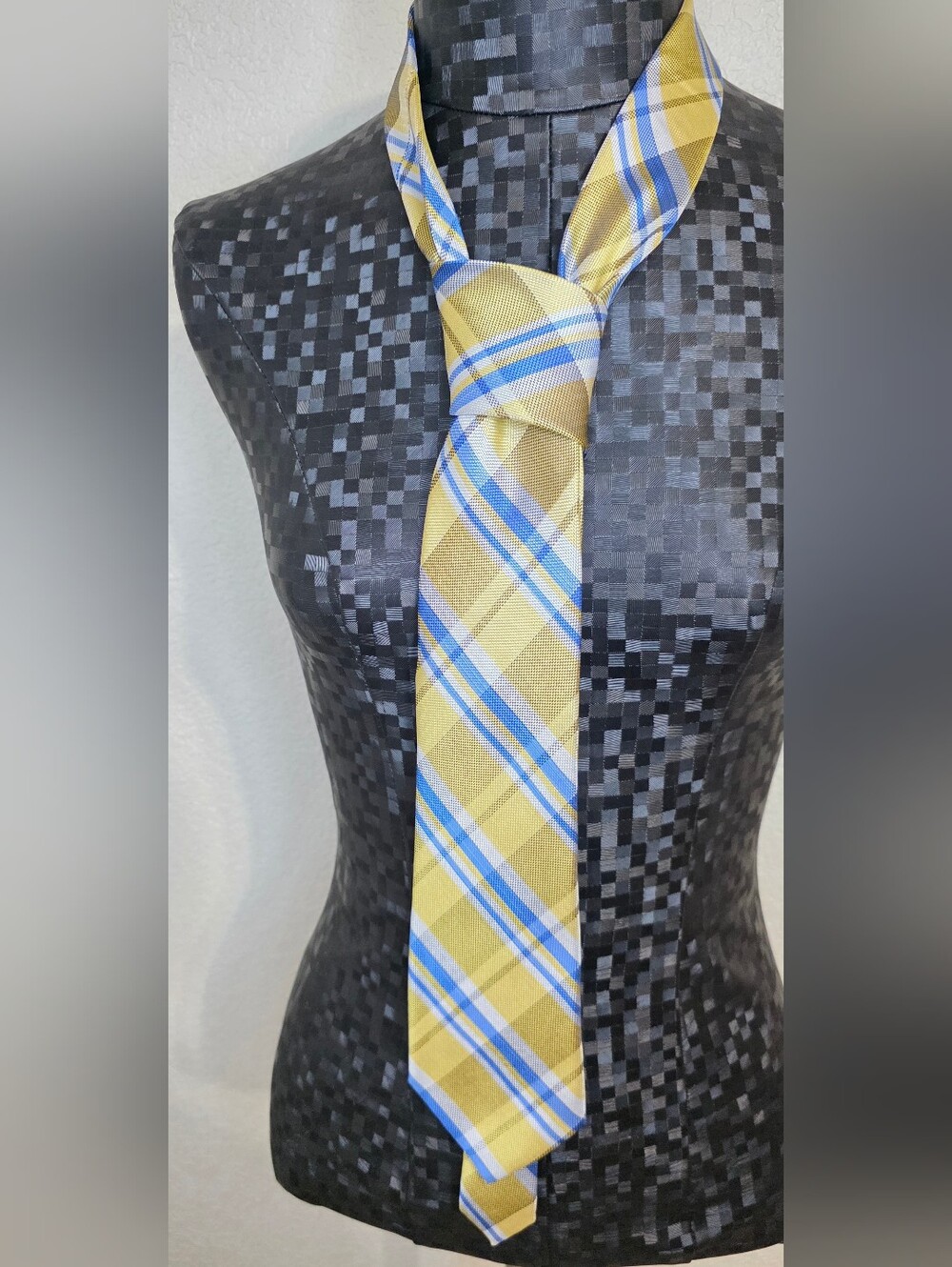 Tommy Hilfiger Yellow Plaid Tie with Blue and White Stripes